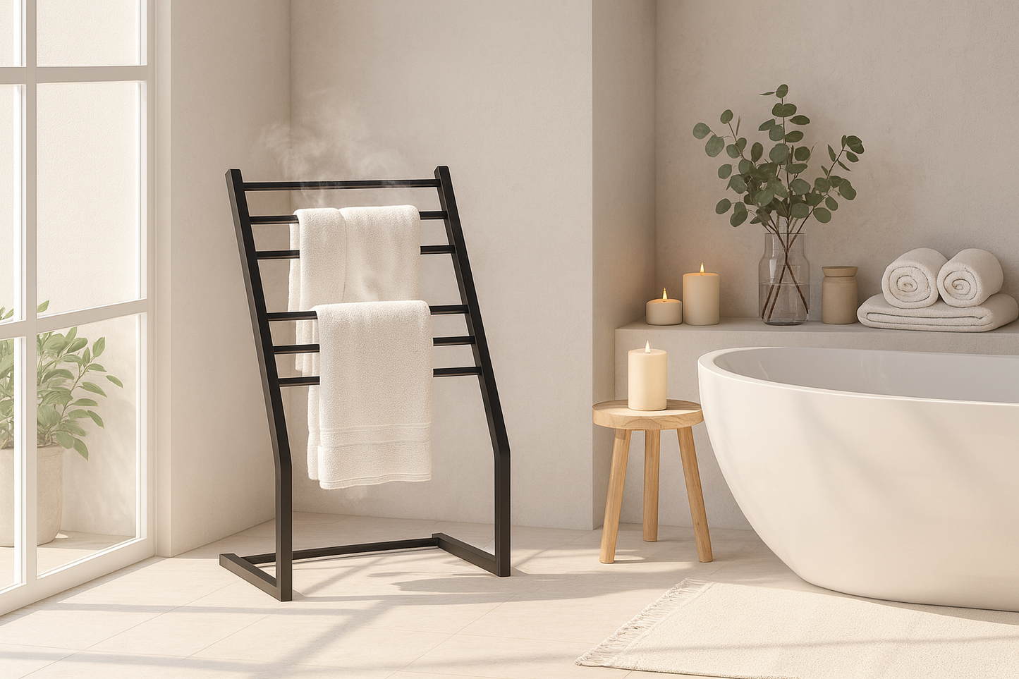 8-Bar Spa Towel Warmer – Freestanding or Wall-Mount, Black, LED Timer, 154W