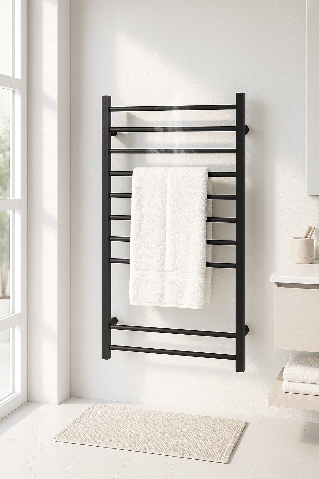 8-Bar Spa Towel Warmer – Freestanding or Wall-Mount, Black, LED Timer, 154W